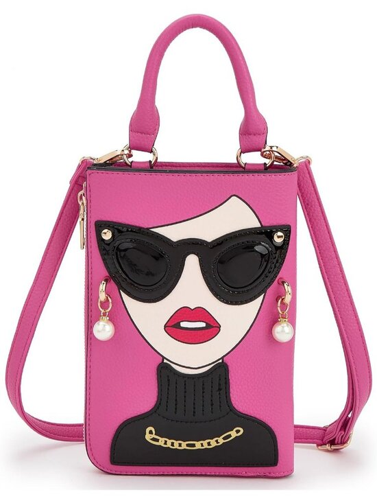 Handbags - Women Hot Pink Novelty Lady Face PU Leather Shoulder Bag Handle Satchel Clutch